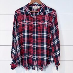 Sheryl Crow Plaid Shirt L Western Core Fringe Hem Embroidered Boho Festival